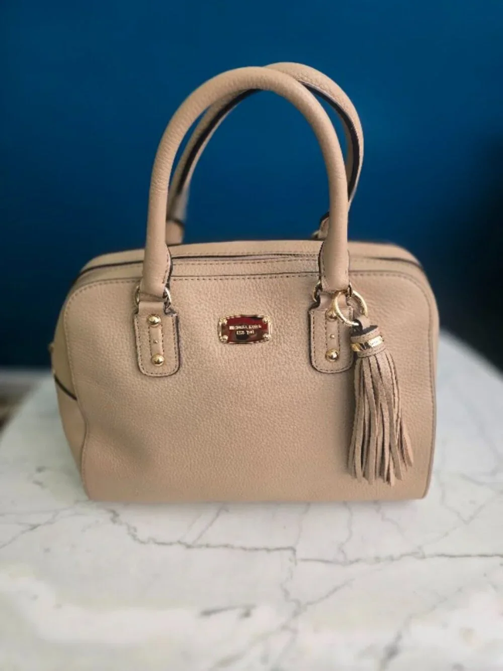 Michael Kors Sandrine Medium Leather Satchel Taupe Beige Tassel Handbag